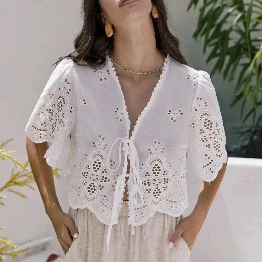 White Boho Women's Summer Ruffle Sleeve Embroidery Fabric Lace Up Short Top